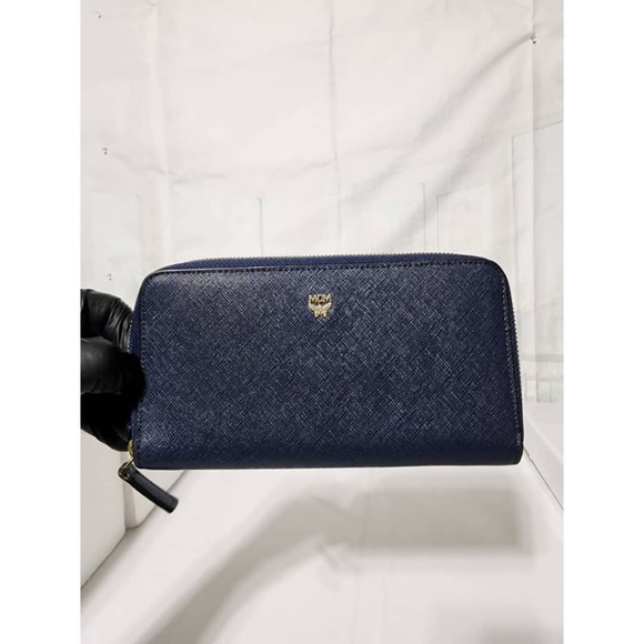 Authentic MCM Round Zipper Long Wallet Navy Blue - Picture 1 of 12
